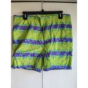 1990s Badge Men's Multicolored Nylon Spiral Elastic Waist Swim Trunks Size L